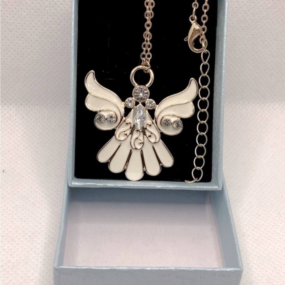NOUMANDA White Enamel Clear Crystal Angel Wings